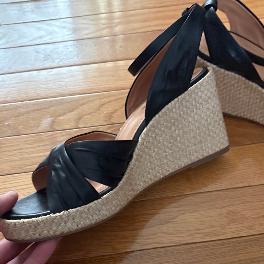 Johnston & Murphy Black Leather Espadrille Wedges with Ankle Strap - Picture 8 of 11